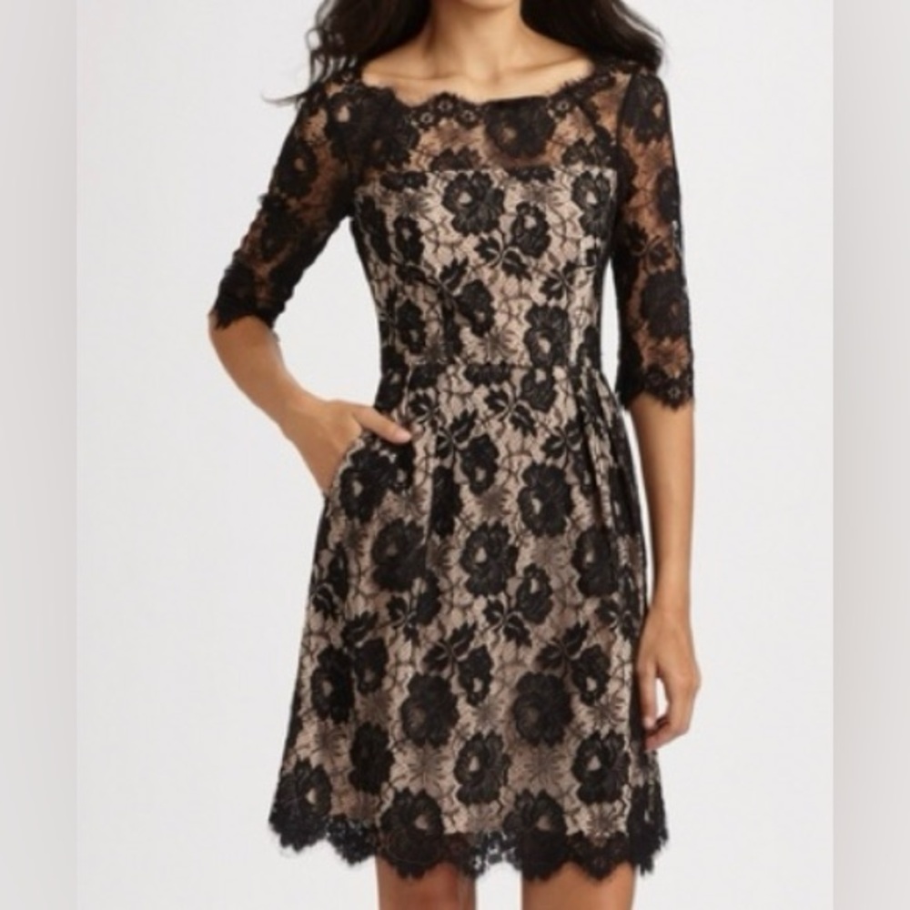 Milly of New York Black Lace Overlay 3/4 Sleeve Cocktail Dress Sz 8‎